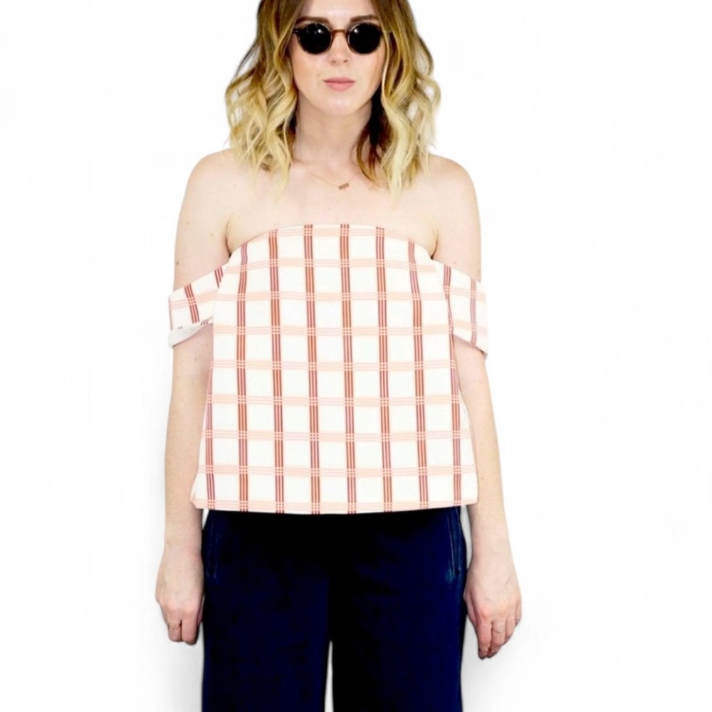 C/MEO Collective Strapless Off The Shoulder Red White Check Boxy Top small